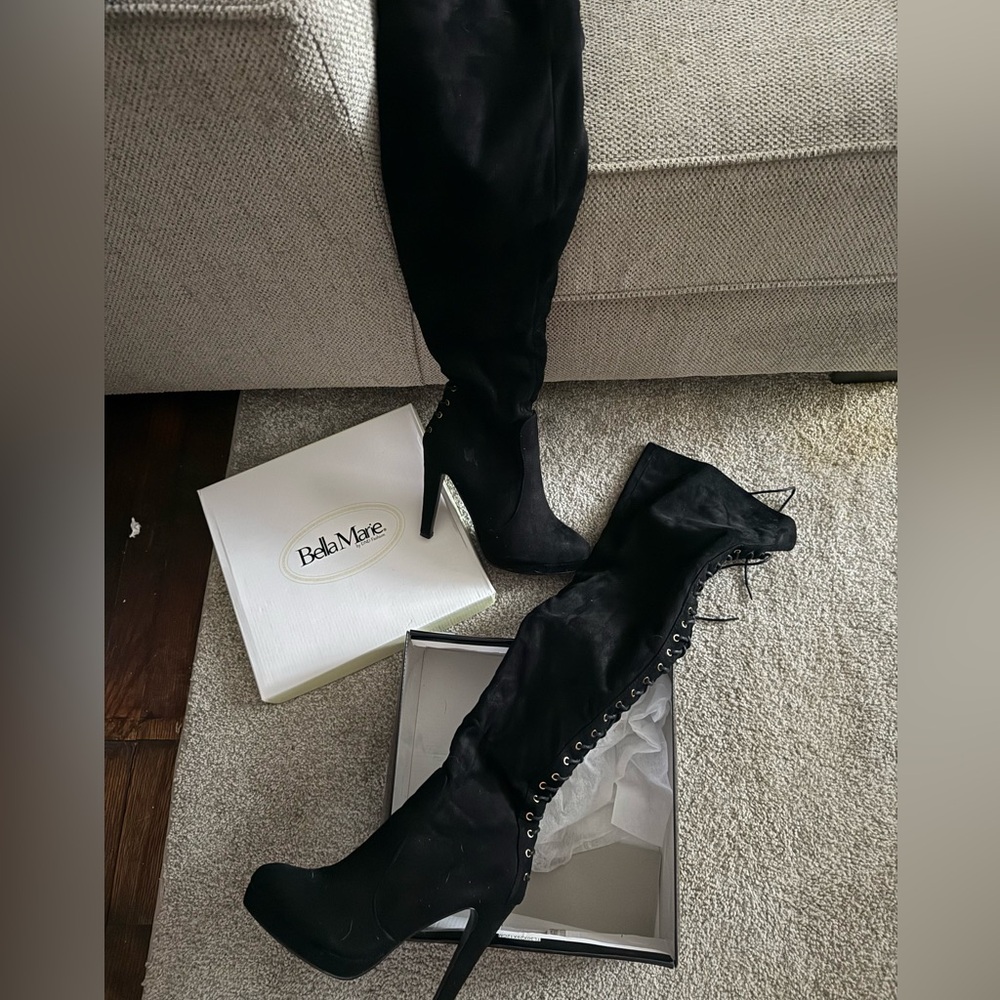 Black suede thigh high boots size 10 5” heel w/ 1/2” pointed platform